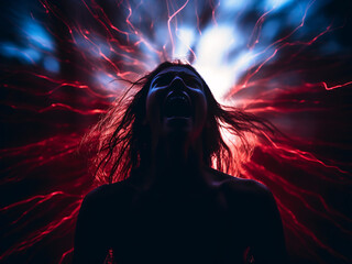 Wall Mural - A silhouette of a frustrated woman in a blur of red and blue light signifies anger.