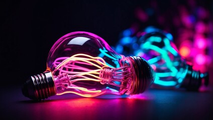 Wall Mural - A glowing light bulb on a dark background with colorful blurry lights in the background.

