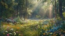 A Peaceful Forest Clearing With Sunlight Filtering Through The Trees, Illuminating A Carpet Of Colorful Wildflowers In Bloom.