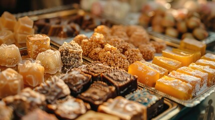 Wall Mural - A close-up of a beautifully arranged tray of assorted traditional sweets, symbolizing the sweetness of Ramadan