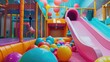 A colorful indoor play area equipped with a slide and ball pit, providing endless entertainment for children, A brightly colored indoor playground with a trampoline and ball pit,