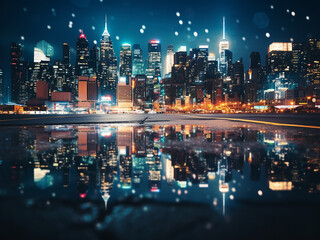 Out-of-focus city lights create a captivating backdrop for the night scene.