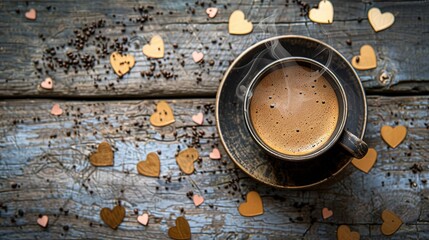 Wall Mural - Steam rising from a freshly poured cup of coffee, set against the backdrop of a weathered wooden surface sprinkled with heart motifs, top view, real photo