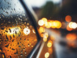 Raindrops decorate car mirror against bokeh light road, vintage style.