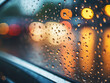 Raindrops adorn car mirror against bokeh light road, a transportation concept.