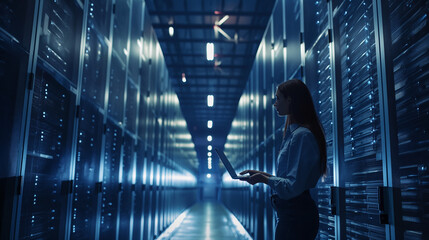 A woman is using a laptop in the electric bluelit server room of the city. The darkness, symmetry, and metal create an artful pattern, evoking a fun, fictional character event
