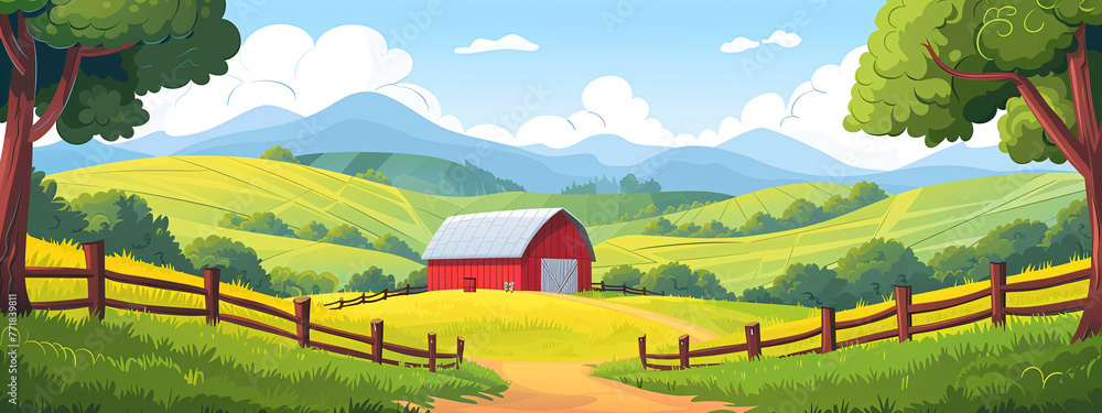 Rural landscape with a farm on field. Beautiful nature with sunny green ...