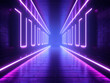 Neon lights in a cyber setting illuminate a glossy corridor.