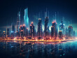Modern city skyline illuminated by glowing skyscrapers, crafted by artificial intelligence.