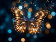 Background shines with illuminated bokeh lights in butterfly form.