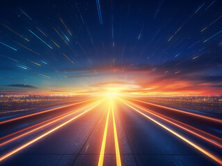 Sticker - Sunset-colored sky and car lights blur on highway abstract backdrop.