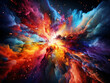Vibrant colors collide in chaotic acrylic painting of an exploding galaxy.