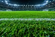 Football stadium arena under spotlight, green grass field ready for soccer championship match