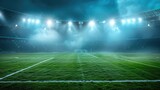 Fototapeta Uliczki - Sports stadium with a lights background, Textured soccer game field with spotlights fog midfield Concept of sport, competition, winning, action, empty area for championships, studio room, night view