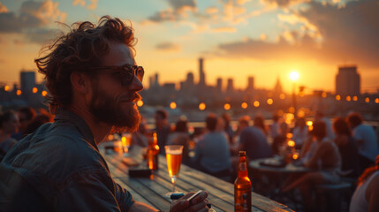 Portrait of man an after party on a rooftop bar, Summer sunshine, after work attire