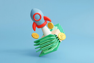 3D rendered illustration of a banknote icon with a dollar coin and a rocket that symbolizes starting a business isolated on a blue background.