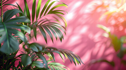Wall Mural - Blurred shadow from palm leaves on the light pink wall. Minimal abstract background for product presentation. Spring and summer.