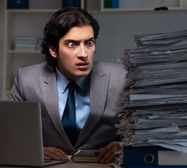 Wall Mural - Young male employee working late at office