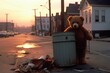 Lonely teddy bear next to a trash can, basking in the warm glow of the setting sun on a tranquil summer evening, surrounded by natures soothing sounds and distant childrens laughter.