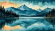 Mountain lake with fir trees in the foreground. Digital painting.