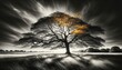 Majestic tree with golden leaves against a dramatic black and white background, epitomizing endurance and the beauty of life amidst stark contrasts