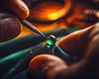 Jeweler working in his workshop. Close-up of a jeweler's hand holding a precious gemstone