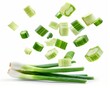 Flying spring onions isolated on white background. Clipping path included.