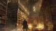 An image set in an ancient, sprawling library with towering bookshelves and dimly lit corridors, where a lone character uncovers a secret manuscript, igniting a quest for knowledge and truth.