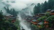 A village in the mountains is covered in fog. A flawless foggy landscape. Calm background. Generative AI
