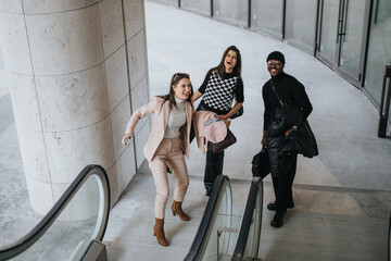 Three young, happy business professionals of different ethnicities on escalator, sharing a joyful moment in a modern office building.