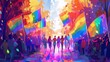 Depict a joyful LGBTQ pride parade. Celebrate love, acceptance, and the vibrant colors of the rainbow. Show people of all genders, orientations, and backgrounds marching together with pride flags.