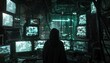Hooded Hacker's Backshot Breach of Corporate Data Servers, with Multiple Screens and Tangled Cables
