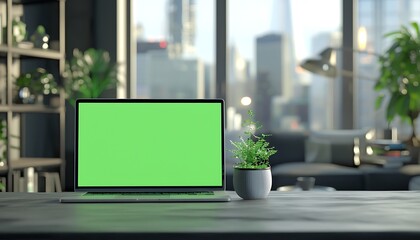 Stylish Living Room Setup, Laptop with Green Screen on Table, Modern Bright Home Office Studio Background with Cityscape Window