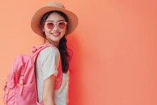 Happy Young Asian Female Tourists Wear Beach Hats, Sunglasses And Backpacks On Holiday Trips.