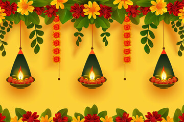 Wall Mural - Burning oil lamps or lanterns and orange marigold flowers on yellow background. Diwali festival, Ugadi, Gudi Padwa, Vesak, Onam. Template for greeting card, banner, poster with copy space 