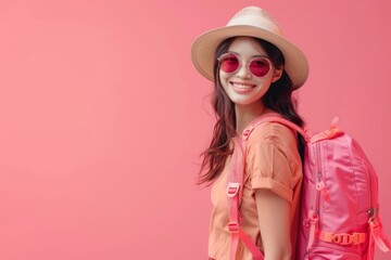 Happy young Asian female tourists wear beach hats, sunglasses and backpacks on holiday trips.