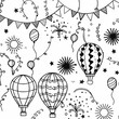 Hand drawn doodle party background with air balloons, fireworks, confetti, and bunting flags garlands.