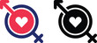 © zxr design - Gender symbols, heart icons, male and female signs, love concept, pink and blue colors, black and white contrast, simple graphic design