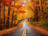 Fototapeta Pokój dzieciecy - Winding road in autumn forest, A country road surrounded by autumn foliage embodying the picturesque, Scenic Autumn road with fall foliage on country drive in Autumn