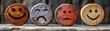 Wooden label displaying happy, normal, and sad face icons, used for collecting feedback on experience survey services,
