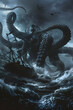 Ominous Clash between Mythical Kraken and a Doomed Sailing Ship