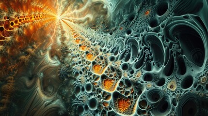 Fototapete - Intricate fractal patterns background in abstract digital art, Abstract digital art featuring intricate fractal patterns as the background.