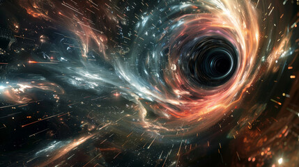 an abstract, sci-fi-themed representation of a black hole pulling in light and data