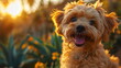 portrait of a cute puppy, happy smile dog in the park around sunset 