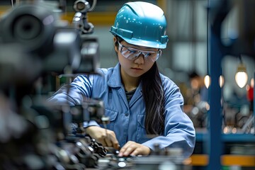 Poster - Mechanic assembling intricate parts in a manufacturing plant, Skillful mechanic assembling intricate parts at a manufacturing plant.