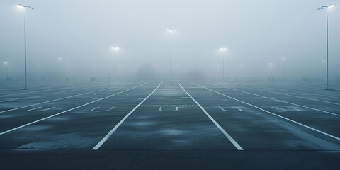 Wall Mural - An empty parking lot on a cold, wet, foggy evening. An atmosphere of peace, mystery and mysticism. Generative AI