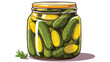Pickled cucumbers in glass jar with brand label. Or