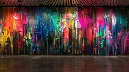 Wall Mural - A colorful mural made of mixed graffiti is painted on the wall, in a style characterized by drips and splatters and dark colors.