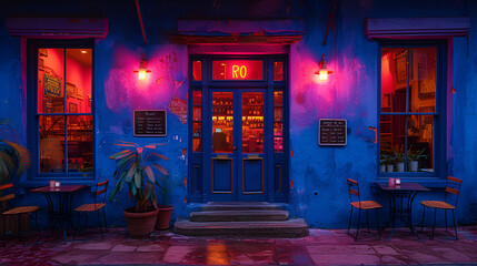 Wall Mural - Front door - blue - Neon lights - meticulous symmetry - perfectly centered composition - entryway 