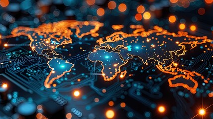 Poster - the illuminated digital map of the world is engraved on a dark printed circuit board. innovative pc.
